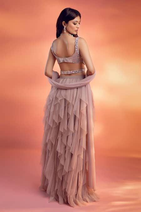 Kiyohra_Grey Net Sequins, Crystals Sweetheart Neck Ries Ruffle Lehenga Blouse Set _Online_at_Aza_Fashions