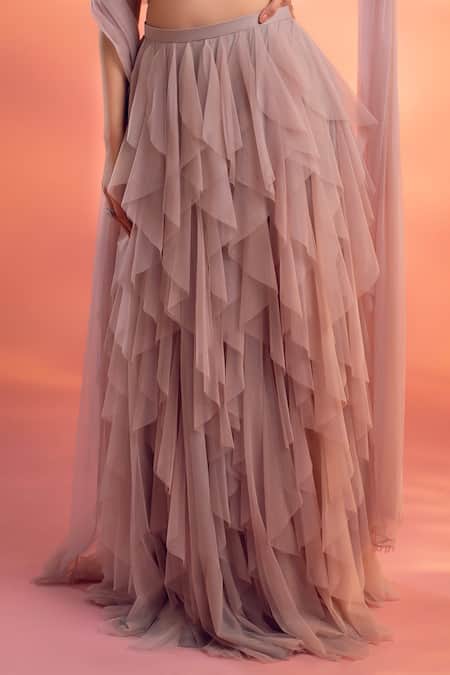 Buy_Kiyohra_Grey Net Sequins, Crystals Sweetheart Neck Ries Ruffle Lehenga Blouse Set _Online_at_Aza_Fashions