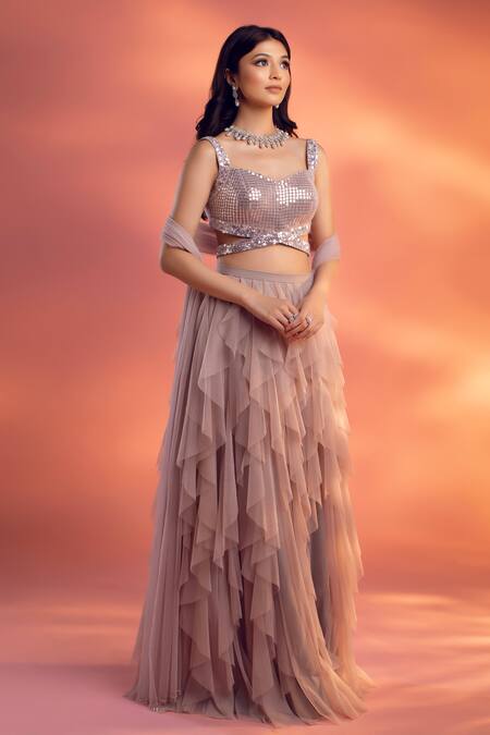 Kiyohra_Grey Net Sequins, Crystals Sweetheart Neck Ries Ruffle Lehenga Blouse Set _at_Aza_Fashions
