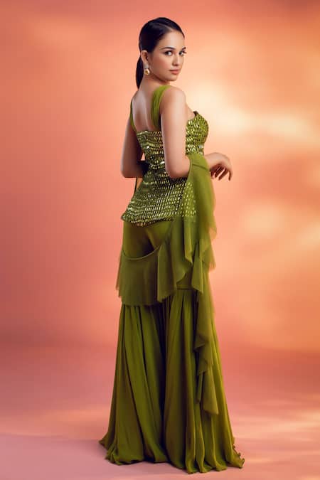 Kiyohra Green Net, Georgette Crystals Sweetheart Neck Thea Embellished Top Sharara Set Online at Aza Fashions Kiyohra_Green Net, Georgette Crystals Sweetheart Neck Thea Embellished Top Sharara Set _Online_at_Aza_Fashions