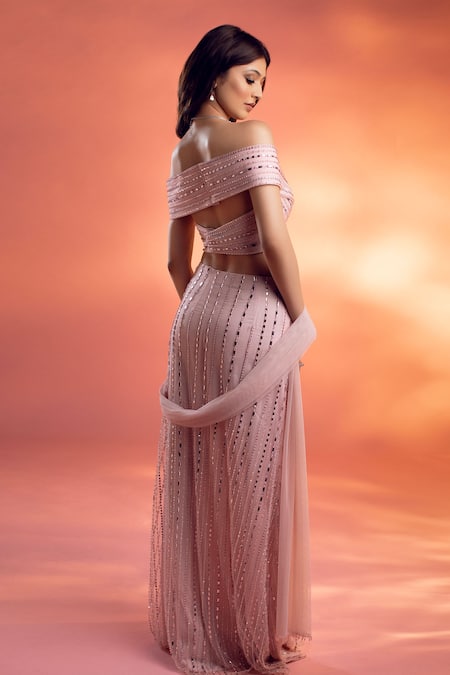 Kiyohra Pink Net Beads, Embroidery Crystal Embellished Skirt Off Blouse Set Online at Aza Fashions Kiyohra_Pink Net Beads, Embroidery Crystal Embellished Skirt Off Blouse Set _Online_at_Aza_Fashions
