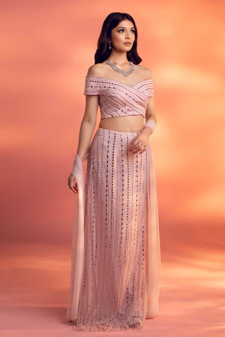Buy Kiyohra Pink Net Beads, Embroidery Crystal Embellished Skirt Off Blouse Set Online at Aza Fashions Buy_Kiyohra_Pink Net Beads, Embroidery Crystal Embellished Skirt Off Blouse Set _Online_at_Aza_Fashions