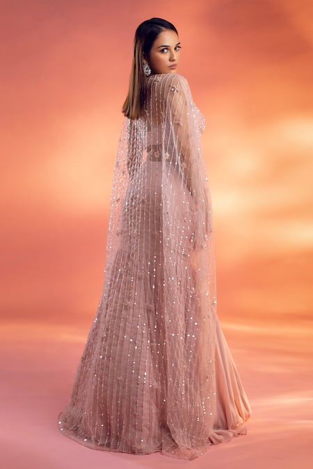 Shop Kiyohra Pink Net, Georgette Sequins Sweetheart Embellished Cape With Fish Cut Skirt Set at Aza Fashions Shop_Kiyohra_Pink Net, Georgette Sequins Sweetheart Embellished Cape With Fish Cut Skirt Set _at_Aza_Fashions