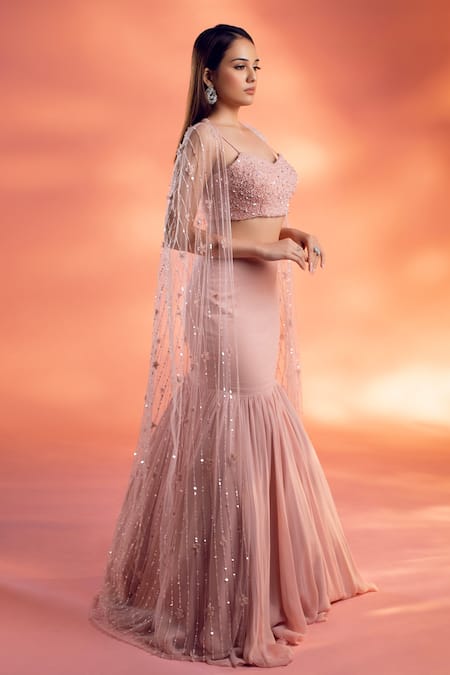 Kiyohra Pink Net, Georgette Sequins Sweetheart Embellished Cape With Fish Cut Skirt Set Online at Aza Fashions Kiyohra_Pink Net, Georgette Sequins Sweetheart Embellished Cape With Fish Cut Skirt Set _Online_at_Aza_Fashions