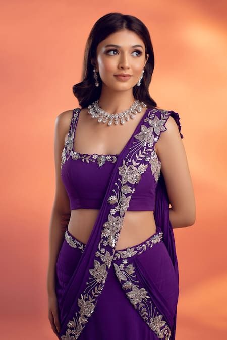Shop_Kiyohra_Purple Georgette Embroidery Square Terra Pre-draped Lehenga Saree With Blouse _Online_at_Aza_Fashions