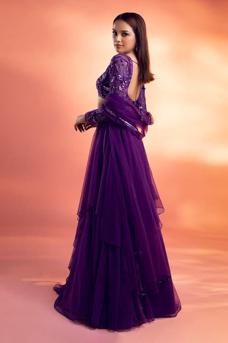 Shop_Kiyohra_Purple Net Embroidery, Sequins Sweetheart Nelle Asymmetric Layered Lehenga Set _at_Aza_Fashions