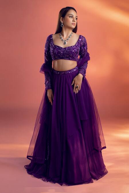 Kiyohra_Purple Net Embroidery, Sequins Sweetheart Nelle Asymmetric Layered Lehenga Set _Online_at_Aza_Fashions