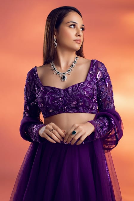 Buy_Kiyohra_Purple Net Embroidery, Sequins Sweetheart Nelle Asymmetric Layered Lehenga Set _Online_at_Aza_Fashions