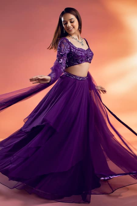 Shop_Kiyohra_Purple Net Embroidery, Sequins Sweetheart Nelle Asymmetric Layered Lehenga Set _Online_at_Aza_Fashions
