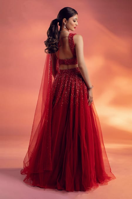 Shop Kiyohra Red Net Embroidery, Sequins Sweetheart Chrysler Embellished Bridal Lehenga Set at Aza Fashions Shop_Kiyohra_Red Net Embroidery, Sequins Sweetheart Chrysler Embellished Bridal Lehenga Set _at_Aza_Fashions