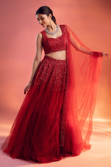 Kiyohra Red Net Embroidery, Sequins Sweetheart Chrysler Embellished Bridal Lehenga Set Online at Aza Fashions Kiyohra_Red Net Embroidery, Sequins Sweetheart Chrysler Embellished Bridal Lehenga Set _Online_at_Aza_Fashions