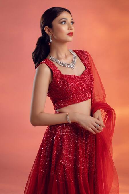 Buy Kiyohra Red Net Embroidery, Sequins Sweetheart Chrysler Embellished Bridal Lehenga Set Online at Aza Fashions Buy_Kiyohra_Red Net Embroidery, Sequins Sweetheart Chrysler Embellished Bridal Lehenga Set _Online_at_Aza_Fashions
