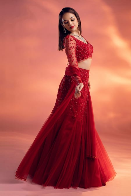 Buy Kiyohra Red Net Beads Round Neck Eden Floral Embellished Fish Tail Lehnga Set Online at Aza Fashions Buy_Kiyohra_Red Net Beads Round Neck Eden Floral Embellished Fish Tail Lehnga Set _Online_at_Aza_Fashions