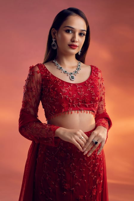 Shop Kiyohra Red Net Beads Round Neck Eden Floral Embellished Fish Tail Lehnga Set Online at Aza Fashions Shop_Kiyohra_Red Net Beads Round Neck Eden Floral Embellished Fish Tail Lehnga Set _Online_at_Aza_Fashions