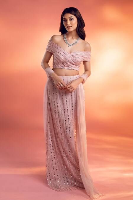 Shop Kiyohra Pink Net Beads, Embroidery Crystal Embellished Skirt Off Blouse Set Online at Aza Fashions Shop_Kiyohra_Pink Net Beads, Embroidery Crystal Embellished Skirt Off Blouse Set _Online_at_Aza_Fashions