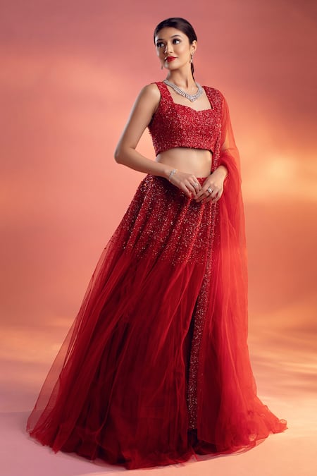 Shop Kiyohra Red Net Embroidery, Sequins Sweetheart Chrysler Embellished Bridal Lehenga Set Online at Aza Fashions Shop_Kiyohra_Red Net Embroidery, Sequins Sweetheart Chrysler Embellished Bridal Lehenga Set _Online_at_Aza_Fashions