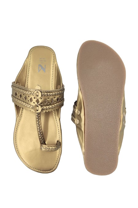 Shop_The Madras Trunk_Gold Metallic T-strap Kolhapuris _at_Aza_Fashions