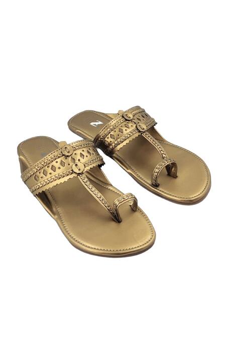 The Madras Trunk_Gold Metallic T-strap Kolhapuris _Online_at_Aza_Fashions
