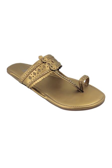 Buy_The Madras Trunk_Gold Metallic T-strap Kolhapuris _Online_at_Aza_Fashions