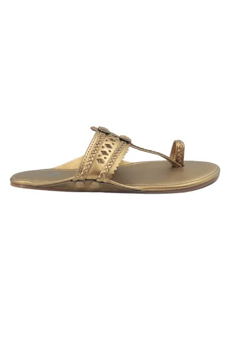 The Madras Trunk_Gold Metallic T-strap Kolhapuris _at_Aza_Fashions