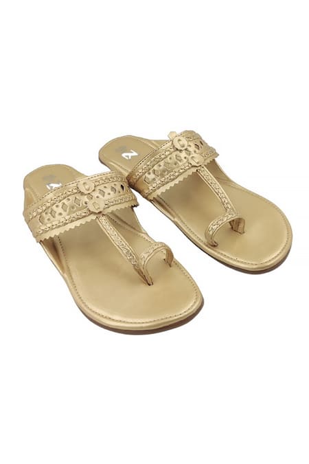 The Madras Trunk_Gold Metallic Cutwork Strap Leather Kolhapuris _Online_at_Aza_Fashions