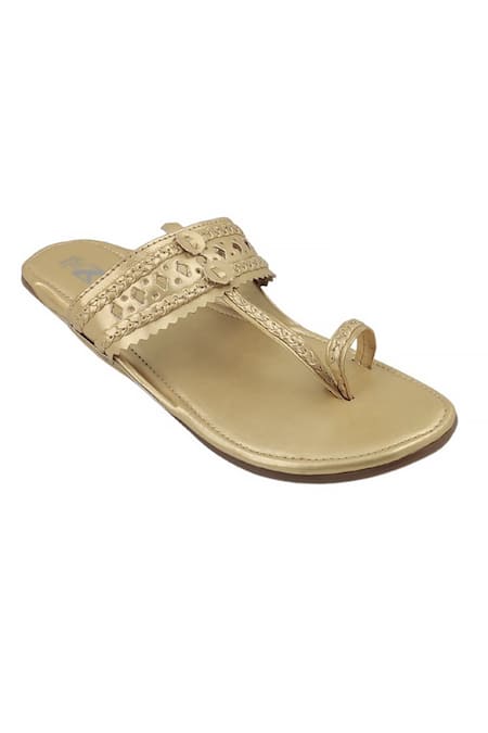 Buy_The Madras Trunk_Gold Metallic Cutwork Strap Leather Kolhapuris _Online_at_Aza_Fashions