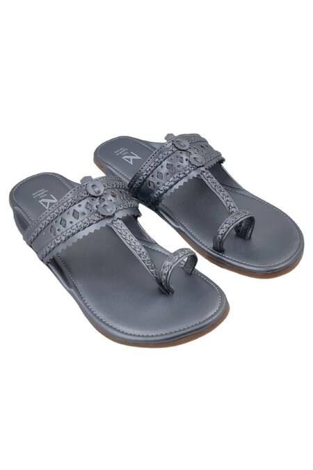 The Madras Trunk_Silver Leather Cutwork Strap Kolhapuris _Online_at_Aza_Fashions