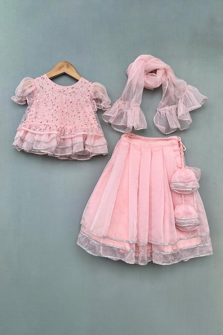 Label Neeti Pink Organza Sequins And Zari Lace Embellished Lehenga Blouse Set 