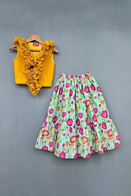 Label Neeti Yellow Georgette Print Lotus Skirt With Accordion Pleated Crop Top 