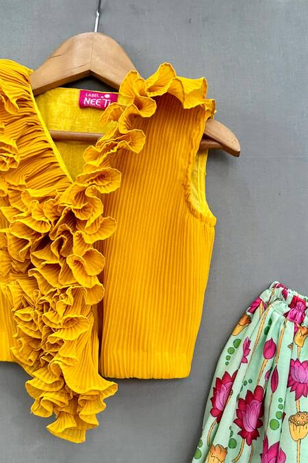 Label Neeti_Yellow Georgette, Muslin Lotus Print Skirt With Accordion Pleated Crop Top _Online_at_Aza_Fashions
