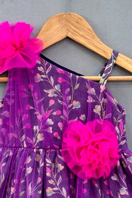 Label Neeti_Purple Net, Cotton Floral Applique One Shoulder Dress _Online_at_Aza_Fashions