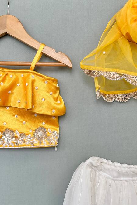 Label Neeti_Yellow Organza, Net, Silk Sequins, Pearls Flora Embellished Blouse Lehenga Set _Online_at_Aza_Fashions