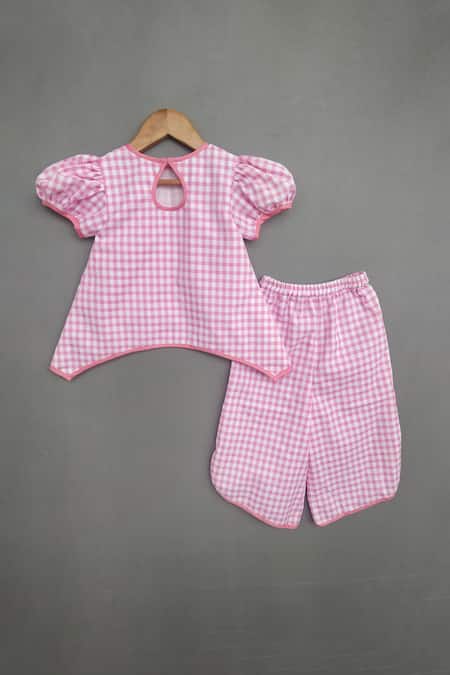 Shop Label Neeti Pink Cotton Embroidery, Petunia Patch Work Checkered Top With Palazzo Pant at Aza Fashions Shop_Label Neeti_Pink Cotton Embroidery, Petunia Patch Work Checkered Top With Palazzo Pant _at_Aza_Fashions