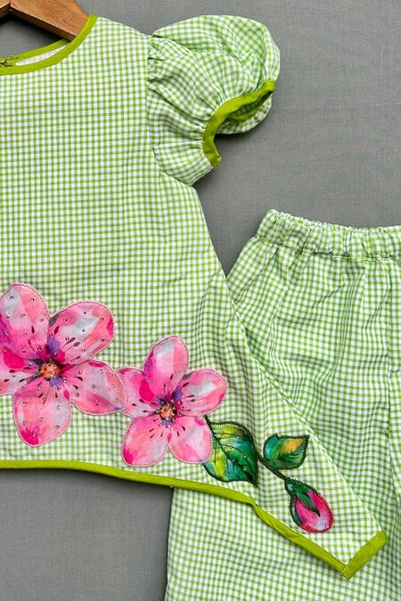 Label Neeti_Green Cotton Embroidery, Blossom Patch Work Checkered Top With Palazzo Pant _Online_at_Aza_Fashions
