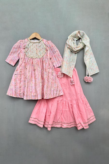 Label Neeti Pink Cotton Print Paisley Bloom Kurti Sharara Set 