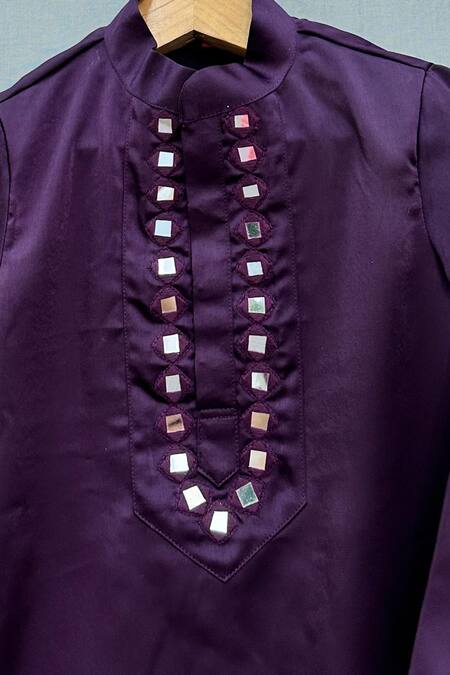 Label Neeti_Purple Cotton, Microfiber Mirrors Embroidered Kurta Set _Online_at_Aza_Fashions