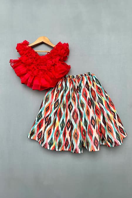 Label Neeti Red Organza, Cotton Satin Diamonds Ruffled Top With Print Lehenga 