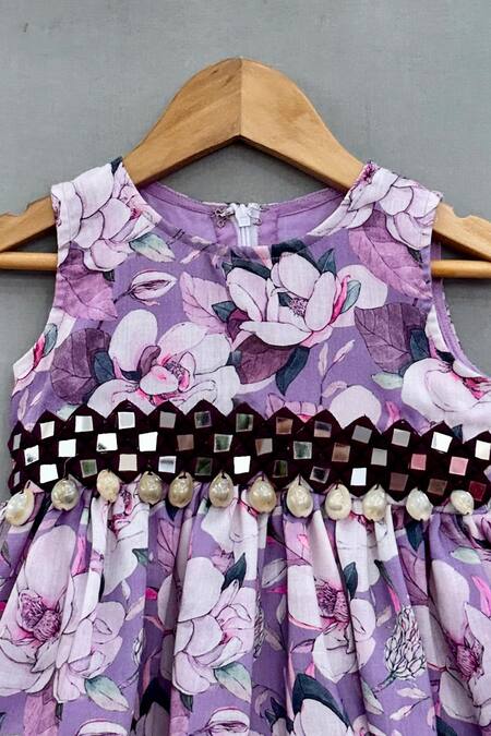 Label Neeti_Purple Cotton Satin Mirrors Plumeria Print Fit And Flare Dress _Online_at_Aza_Fashions