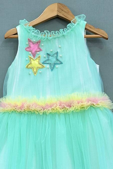 Label Neeti_Green Net, Lycra Pearls, Sequins Stars Applique Dress _Online_at_Aza_Fashions