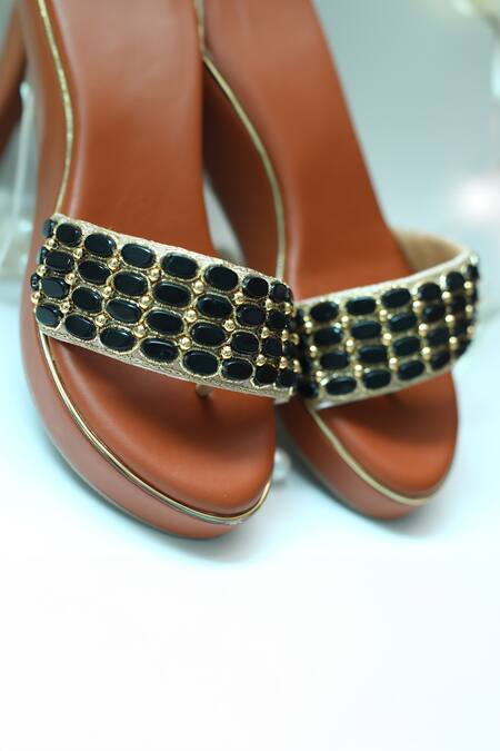 Shop_Foot Fuel_Brown Beads, Zari Studded Strap Wedges _Online_at_Aza_Fashions