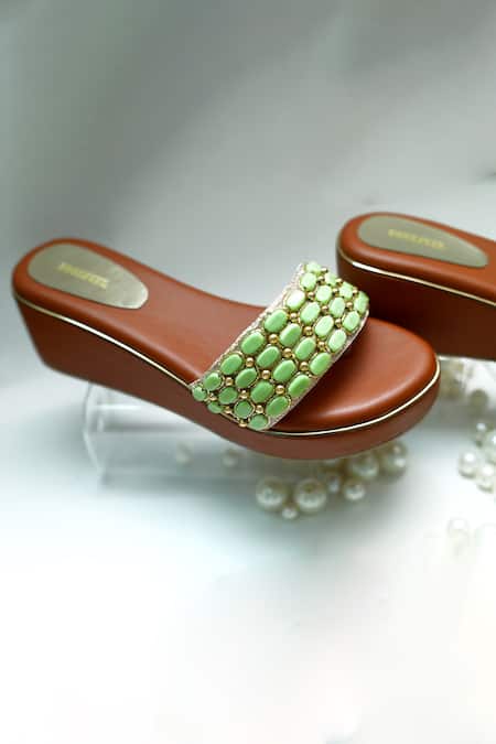 Foot Fuel_Brown Embroidery Stone Work Strap Wedges _at_Aza_Fashions