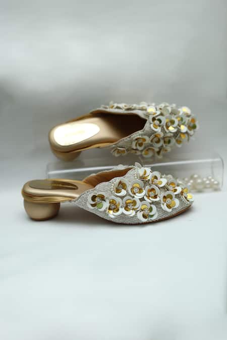 Buy_Foot Fuel_Gold Embroidery 3d Love Floral Mule Heels _Online_at_Aza_Fashions