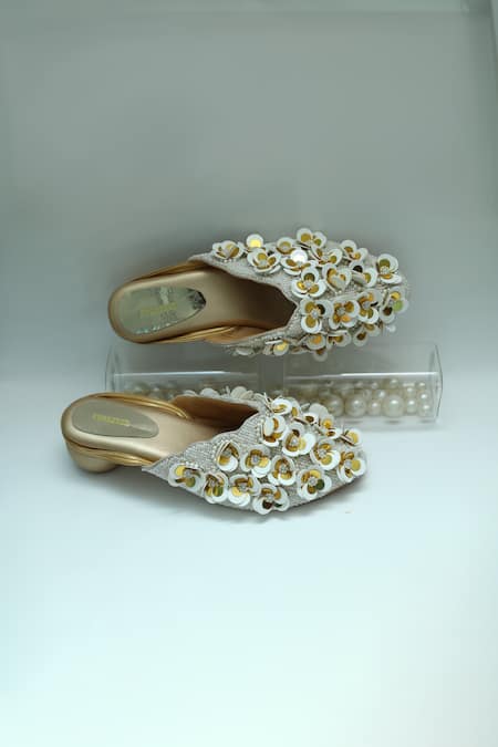 Shop_Foot Fuel_Gold Embroidery 3d Love Floral Mule Heels _Online_at_Aza_Fashions
