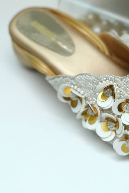 Foot Fuel_Gold Embroidery 3d Love Floral Mule Heels _at_Aza_Fashions