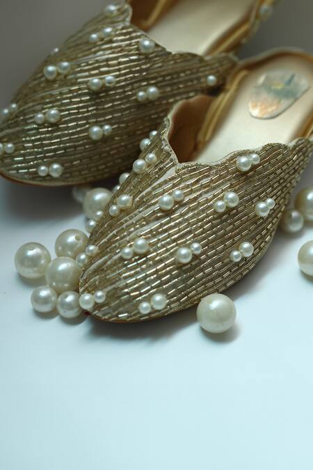 Foot Fuel_Gold Pearls, Crystals Embellished Mule Heels _Online_at_Aza_Fashions