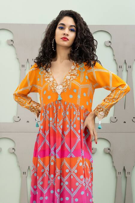 Lila_Multi Color Crepe Pearls, Zari, Foil Bidri Foliage Pattern Anarkali Pant Set_Online_at_Aza_Fashions