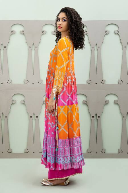 Shop_Lila_Multi Color Crepe Pearls, Zari, Foil Bidri Foliage Pattern Anarkali Pant Set_Online_at_Aza_Fashions