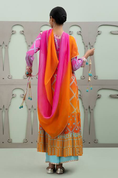 Shop Lila Multi Color Crepe Pearls, Zari Bidri Foliage Pattern Ombre Anarkali Pant Set at Aza Fashions Shop_Lila_Multi Color Crepe Pearls, Zari Bidri Foliage Pattern Ombre Anarkali Pant Set_at_Aza_Fashions