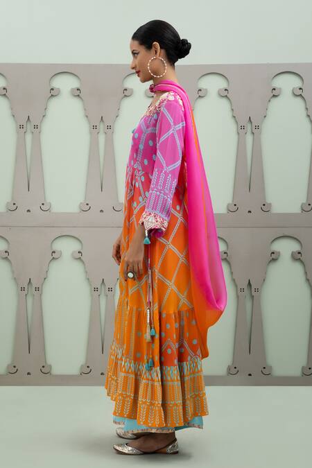 Lila Multi Color Crepe Pearls, Zari Bidri Foliage Pattern Ombre Anarkali Pant Set Online at Aza Fashions Lila_Multi Color Crepe Pearls, Zari Bidri Foliage Pattern Ombre Anarkali Pant Set_Online_at_Aza_Fashions