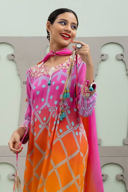 Buy Lila Multi Color Crepe Pearls, Zari Bidri Foliage Pattern Ombre Anarkali Pant Set Online at Aza Fashions Buy_Lila_Multi Color Crepe Pearls, Zari Bidri Foliage Pattern Ombre Anarkali Pant Set_Online_at_Aza_Fashions